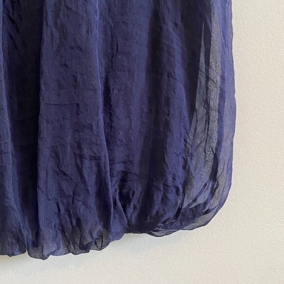 100% Silk Sheer Navy Blue Short Sleeve Blouse Loose Fitting Scoop Neck Billowing - Picture 4 of 11